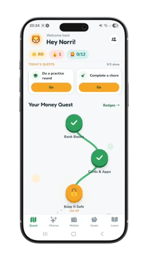 The Savella quest home screen on a phone, showing today’s quests and the money quest map