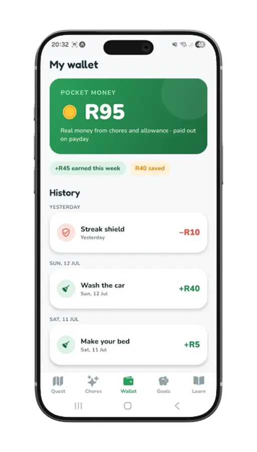 The Savella wallet on a child’s phone: a R95 pocket-money balance, R45 earned this week, R40 saved, and a history where washing the car paid R40